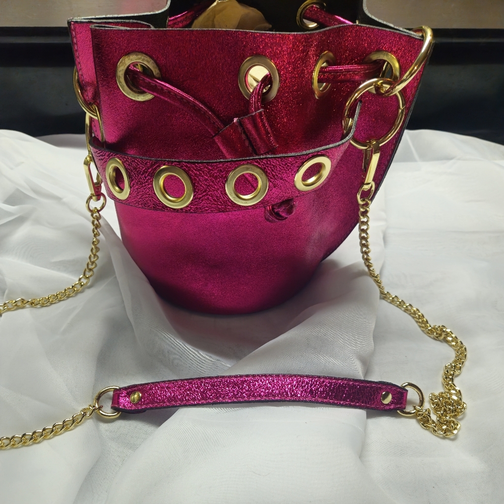 Max Mara Fuchsia Metallic Leather Bucket Bag